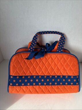 Belva Quilted Orange Make Up Cosmetic Bag with Blue Polka Dot Trim Velcro Insert